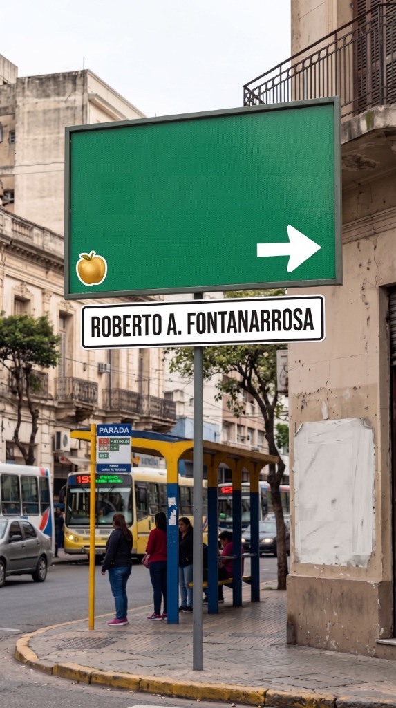 Esquina Fontanarrosa y cartel verde Ella Dijo en la ciudad