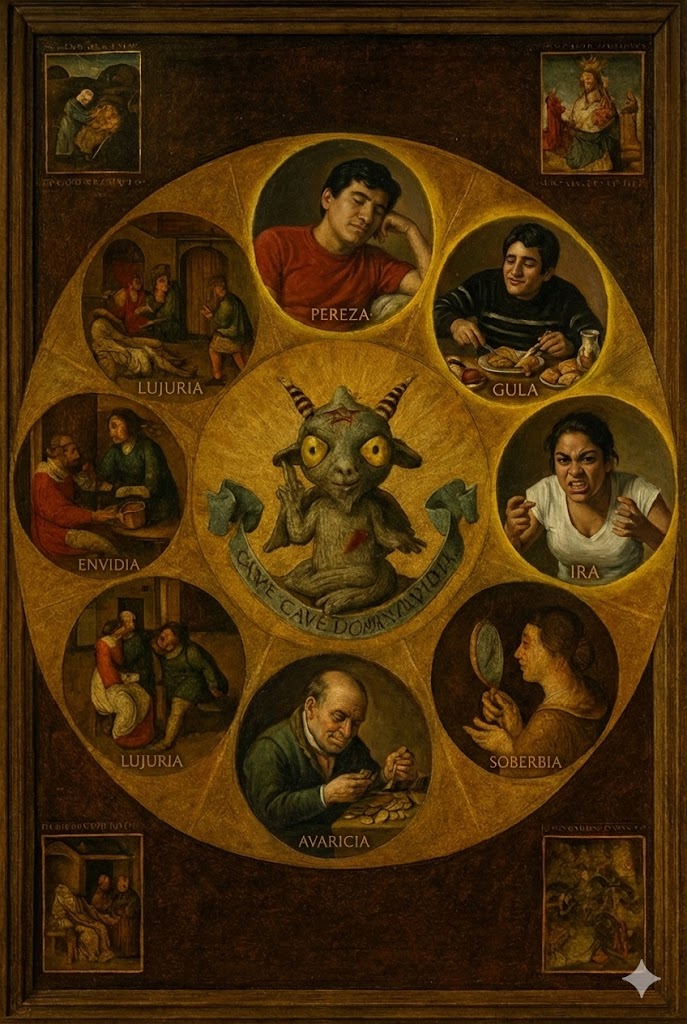 cuadro al oleo que resalta a los integrantes del grupo como si fueran pecados PEREZA, IRA y GULA
